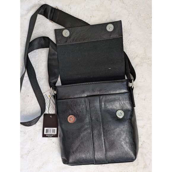NEW Westend Crossbody Bag Black Vegan Faux Leather Snap Flap Wide Strap - Picture 2 of 10